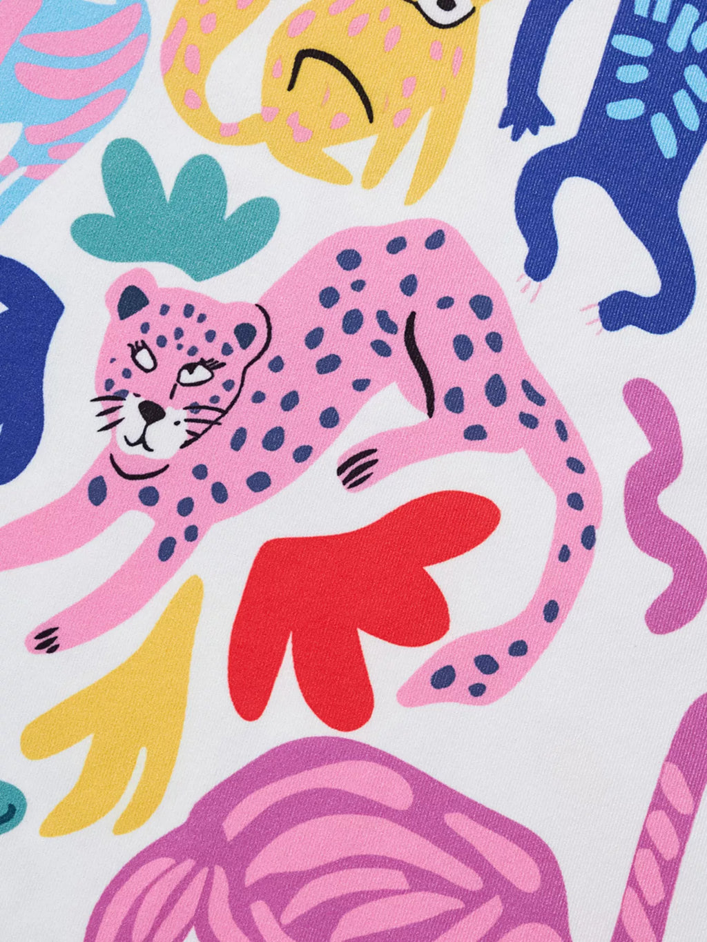 White kids animal print fabric with pink leopard, yellow cat and blue monkey, print close-up