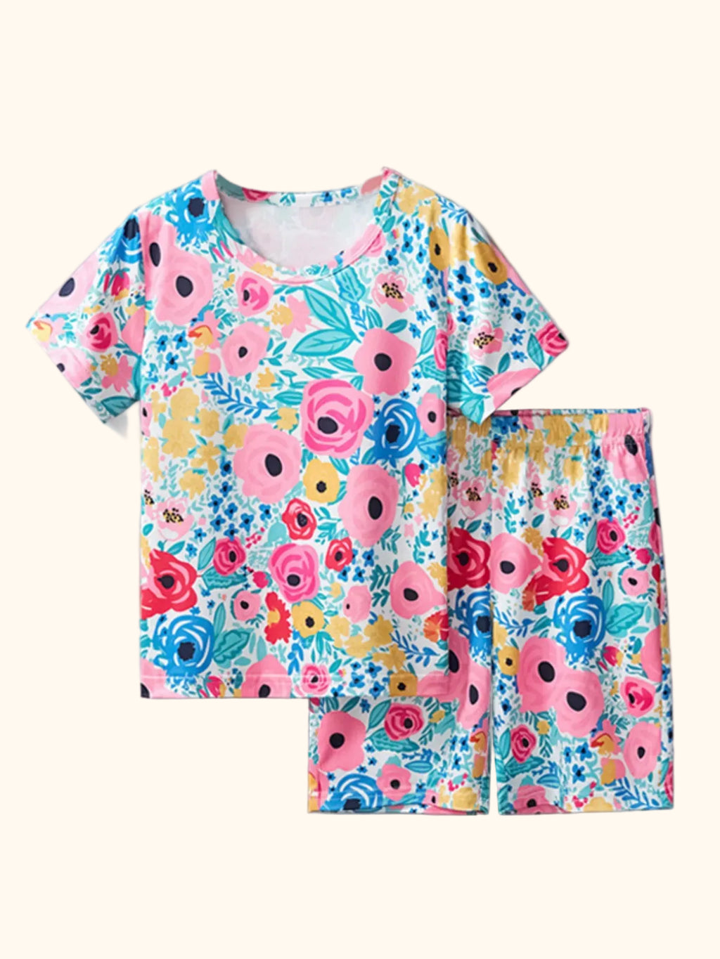 Multicolor kids floral print T-shirt and shorts set with pink, blue and yellow flowers, front product view
