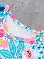 Multicolor kids floral print T-shirt with round neckline, neckline close-up