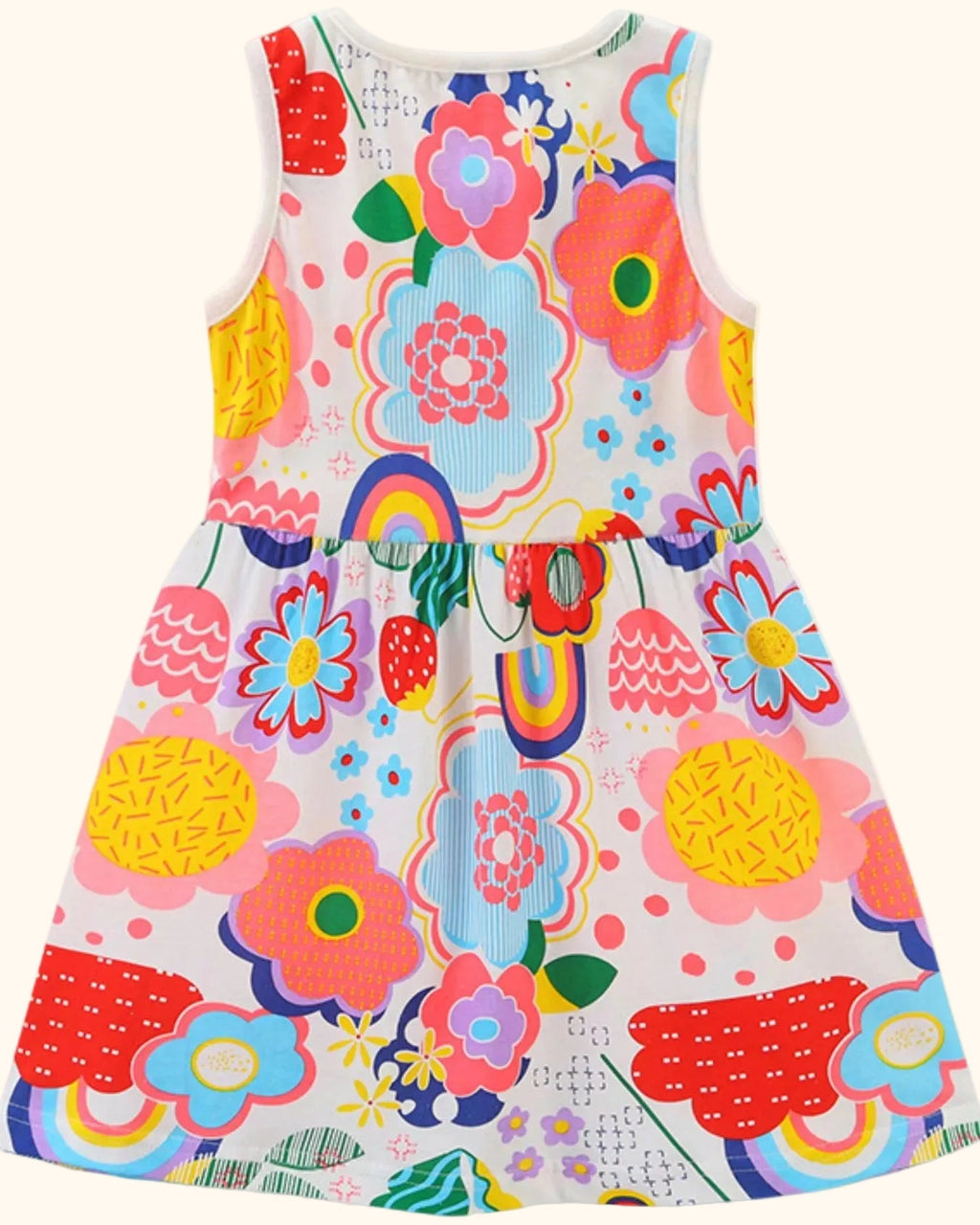 Multicolor kids floral rainbow sleeveless dress with gathered waist, back product