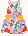 Multicolor kids floral rainbow sleeveless dress with gathered skirt, front product view