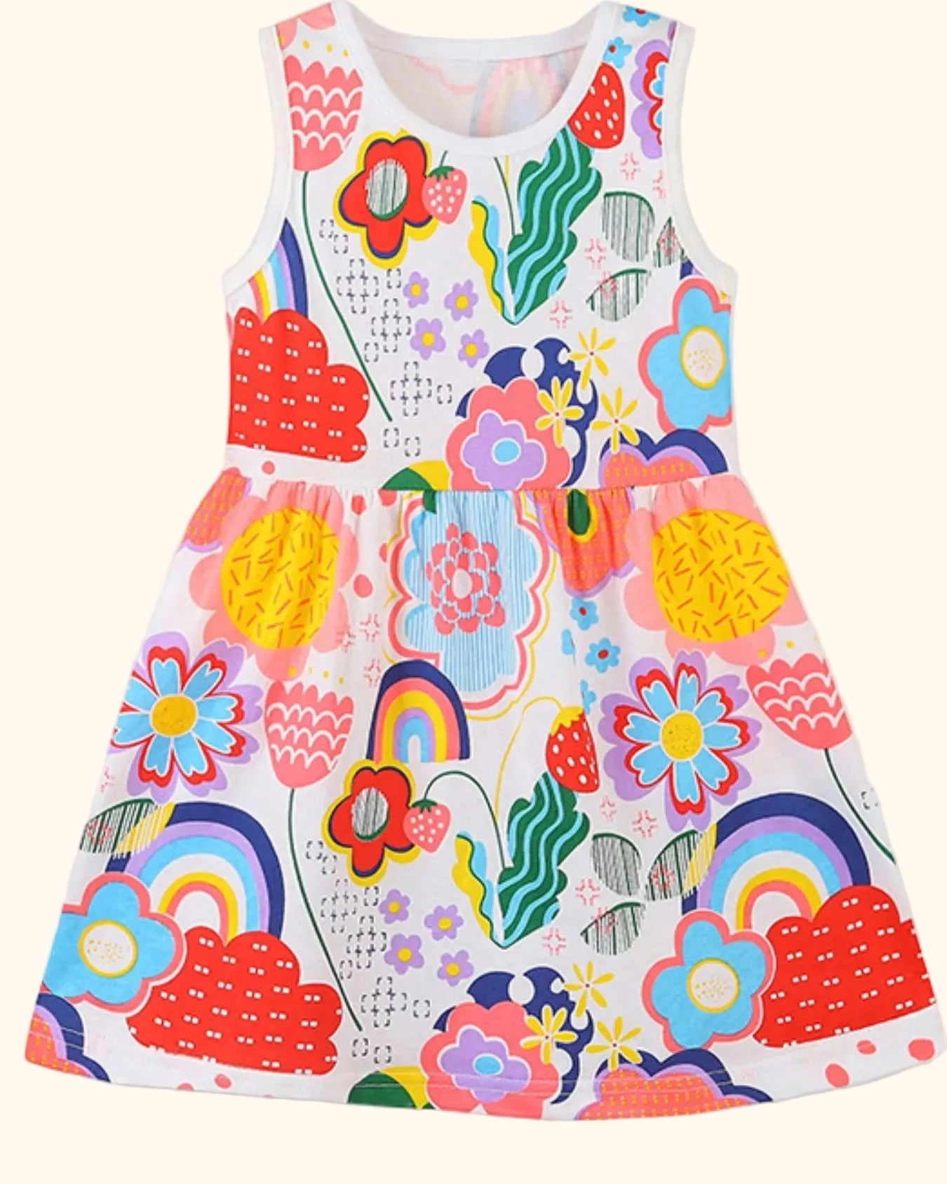 Multicolor kids floral rainbow sleeveless dress with gathered skirt, front product view