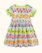 Multicolor kids fruit print short sleeve dress with gathered skirt, back product view