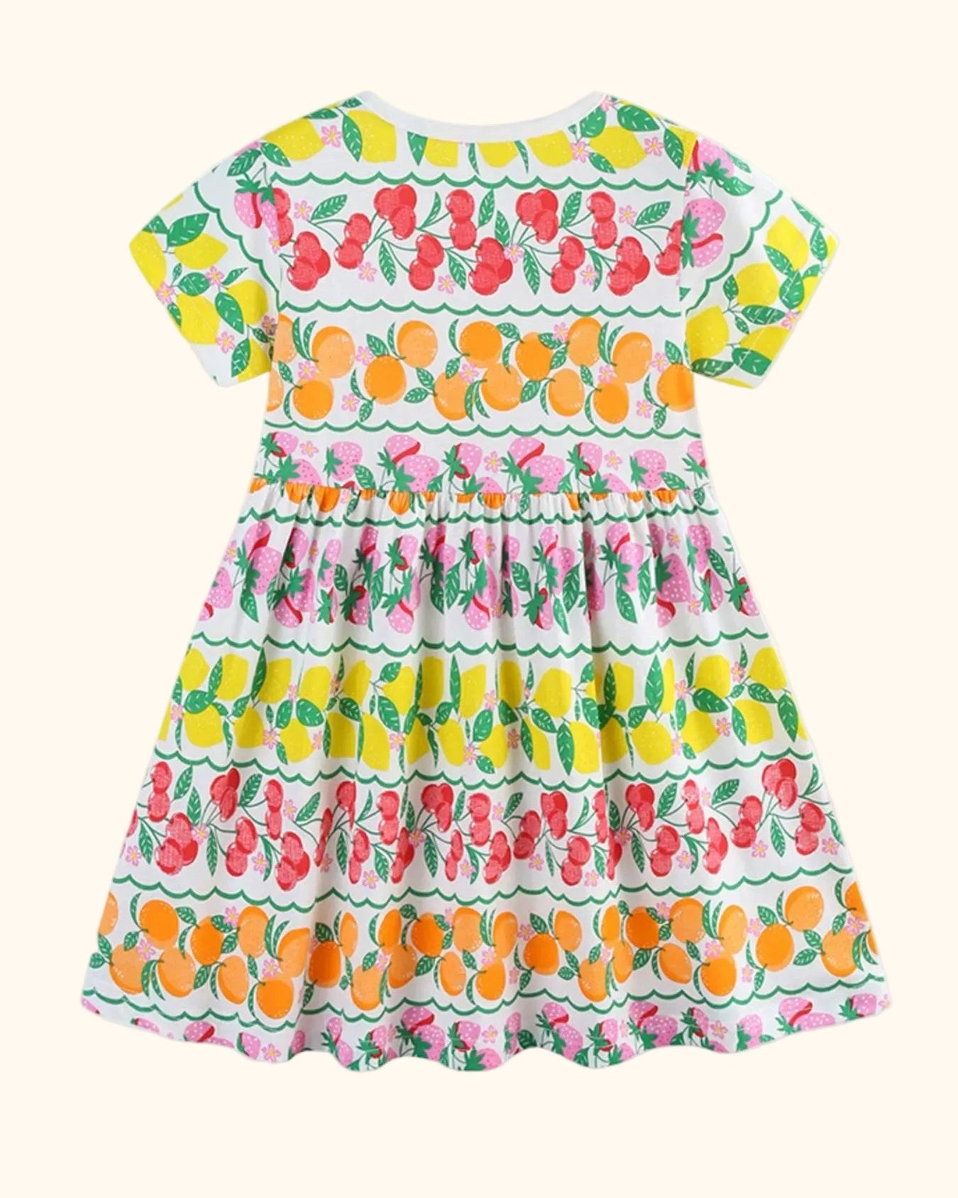 Multicolor kids fruit print short sleeve dress with gathered skirt, back product view