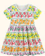 Multicolor kids fruit print gathered dress with cherries, lemons, oranges and strawberries, front product view