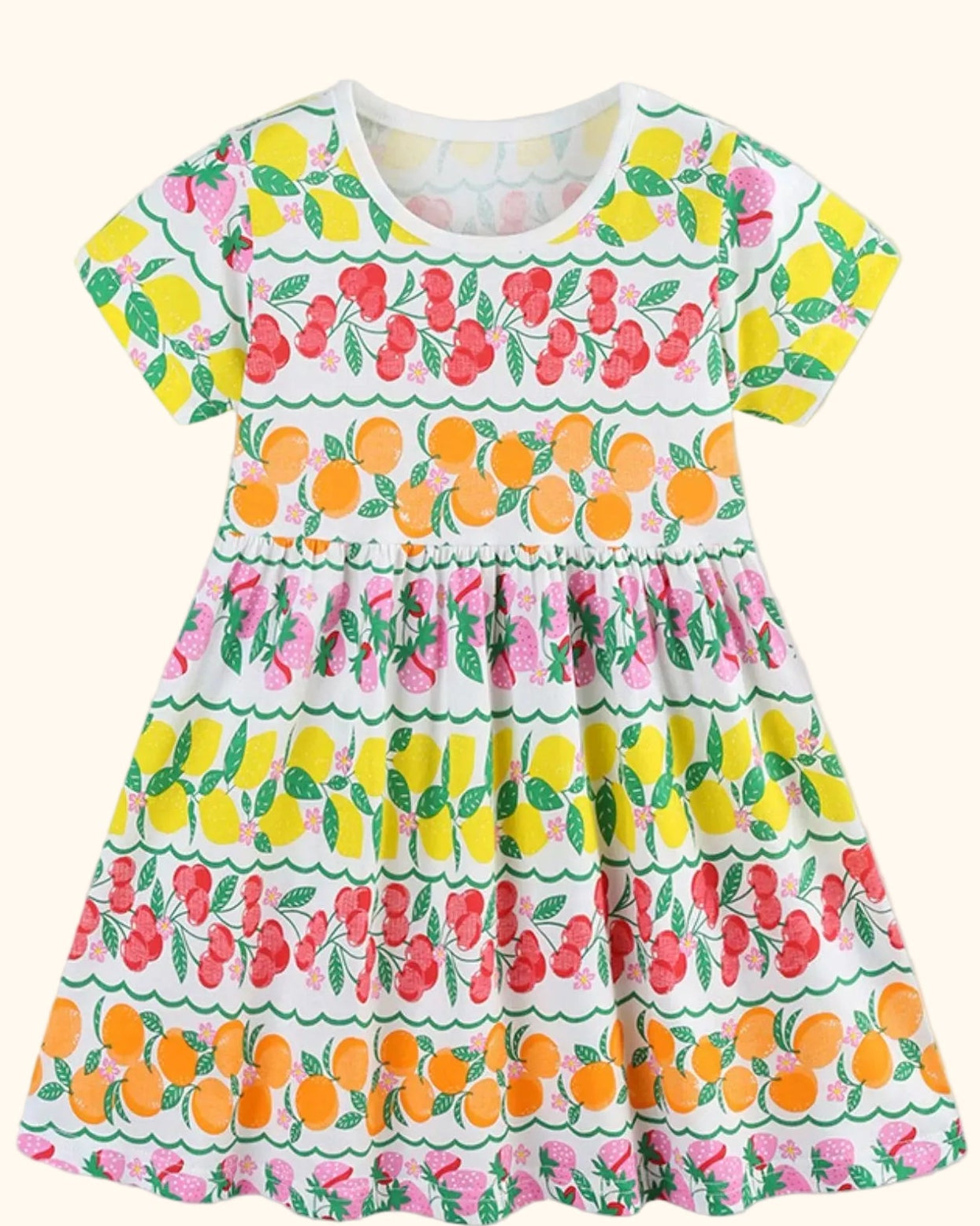 Multicolor kids fruit print gathered dress with cherries, lemons, oranges and strawberries, front product view