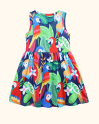 Multicolor kids tropical parrot print sleeveless dress with matching all-over pattern, back product view