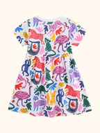 Multicolor kids wild animal print short sleeve dress with gathered skirt, back product view