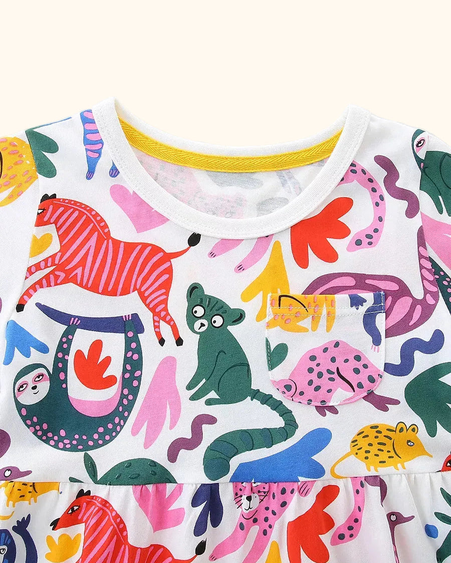 Multicolor kids animal print dress with round neckline and chest pocket, bodice close-up