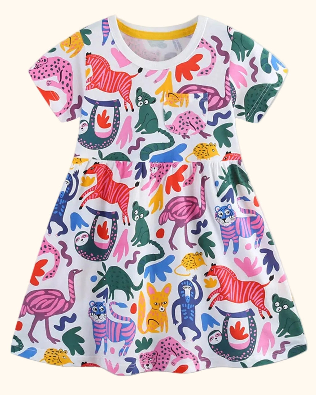 Multicolor kids wild animal print pocket dress with gathered skirt, front product view