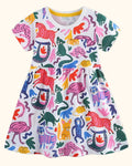 Multicolor kids wild animal print pocket dress with gathered skirt, front product view
