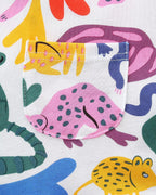 Multicolor kids wild animal print dress with small front chest pocket, pocket detail view