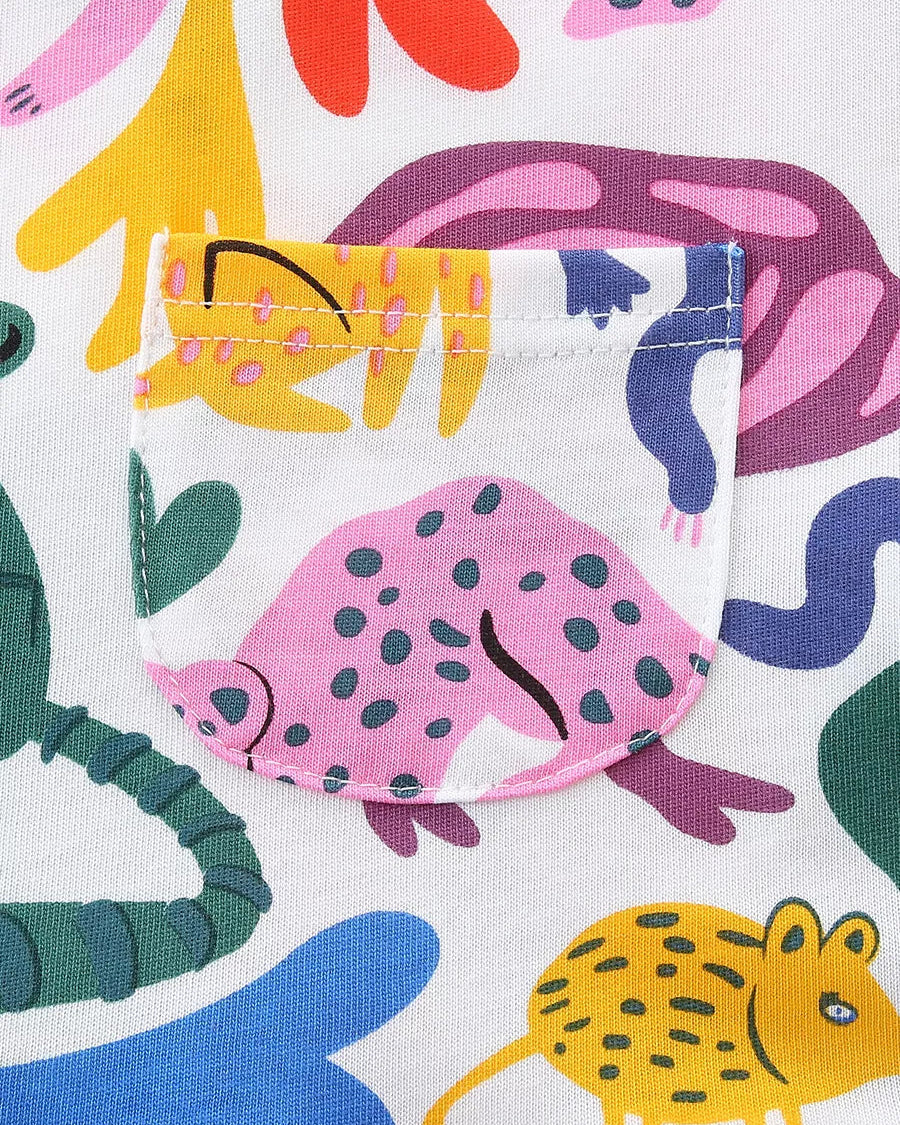 Multicolor kids wild animal print dress with small front chest pocket, pocket detail view