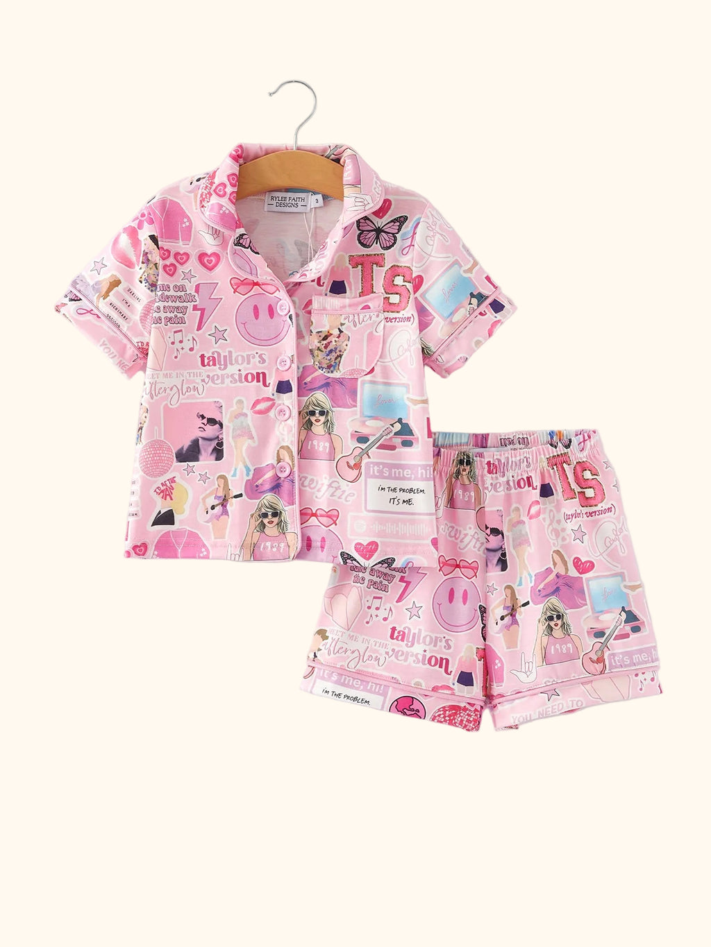 Music Collage Lapel Pajama Shorts Set