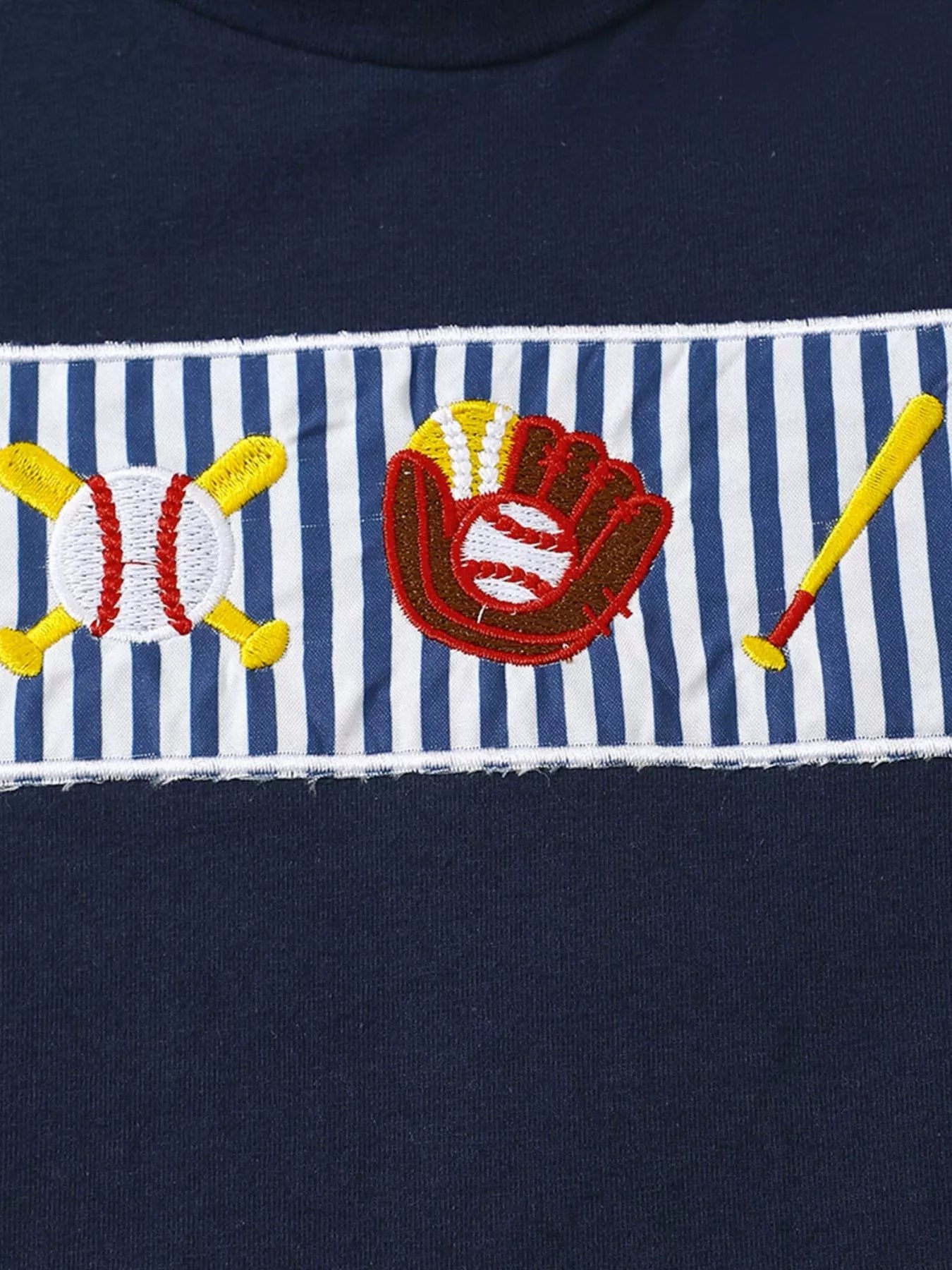 Navy baby and toddler T-shirt with striped baseball embroidery panel, front close-up view