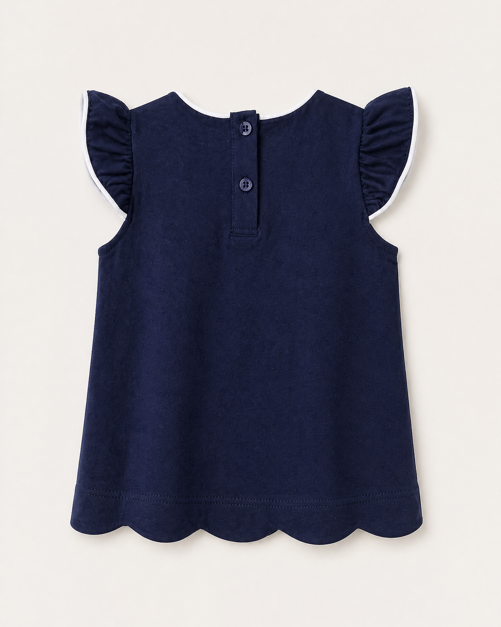 Navy kids flutter sleeve scalloped top with two-button back closure, back view