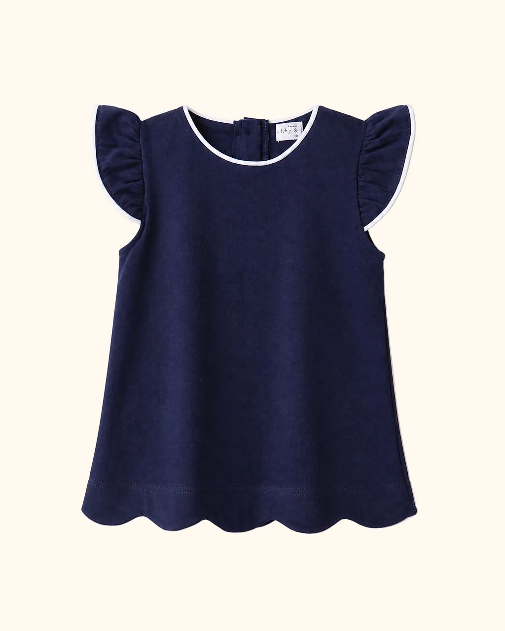 Navy kids flutter sleeve top with white piping and scalloped hem, front view