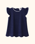 Navy kids flutter sleeve top with white piping and scalloped hem, front view