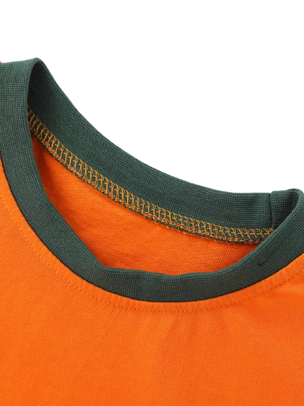 Orange kids dinosaur graphic T-shirt with dark green contrast round neckline, neckline close-up