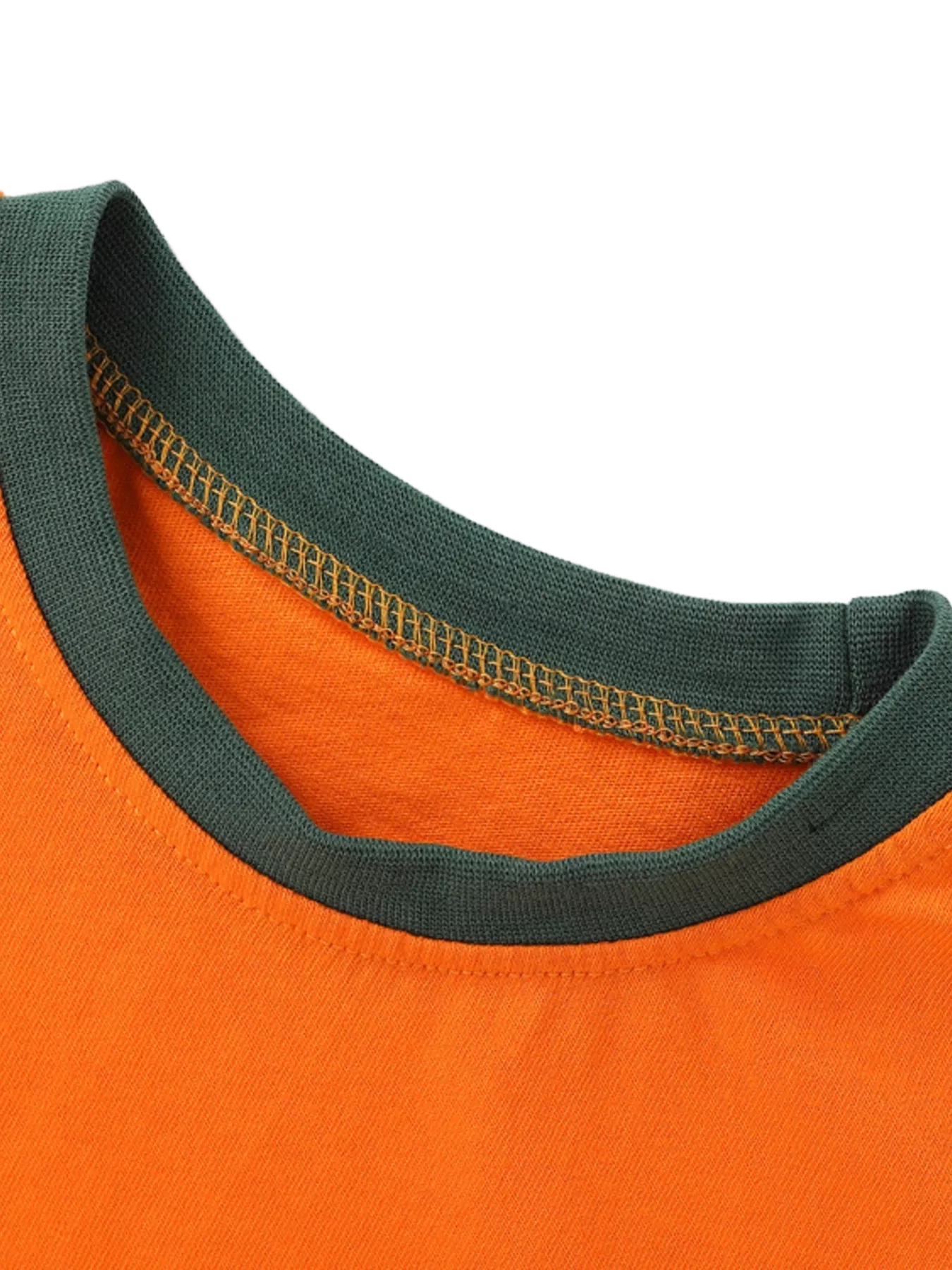 Orange kids dinosaur graphic T-shirt with dark green contrast round neckline, neckline close-up