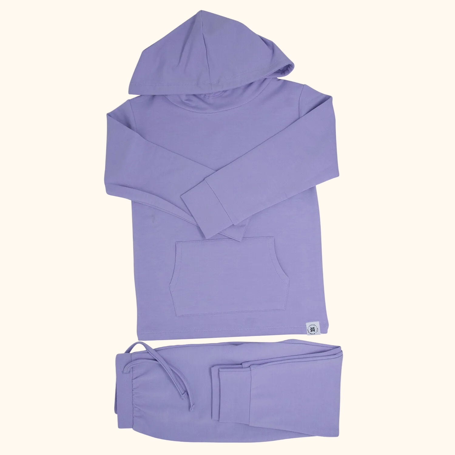 Orchid purple hooded top with kangaroo pocket and matching kids jogger pants, flat lay front view