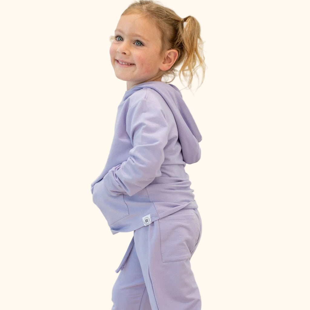 Orchid purple hooded pocket jogger set with matching pants, side lifestyle view