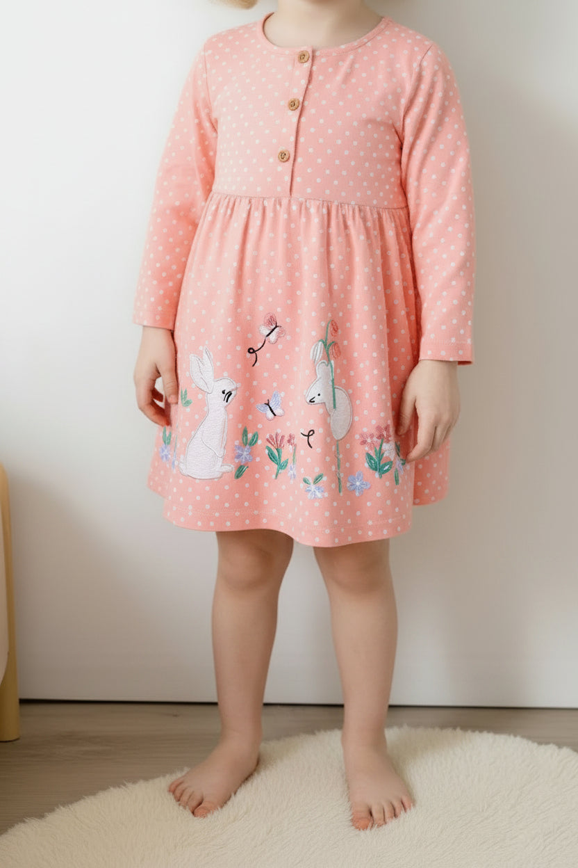 Pale blush kids polka dot bunny embroidered dress worn by child, front lifestyle view