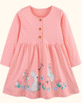 Pale blush kids polka dot bunny embroidered long sleeve dress, front product view