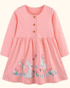 Pale blush kids polka dot bunny embroidered long sleeve dress, front product view