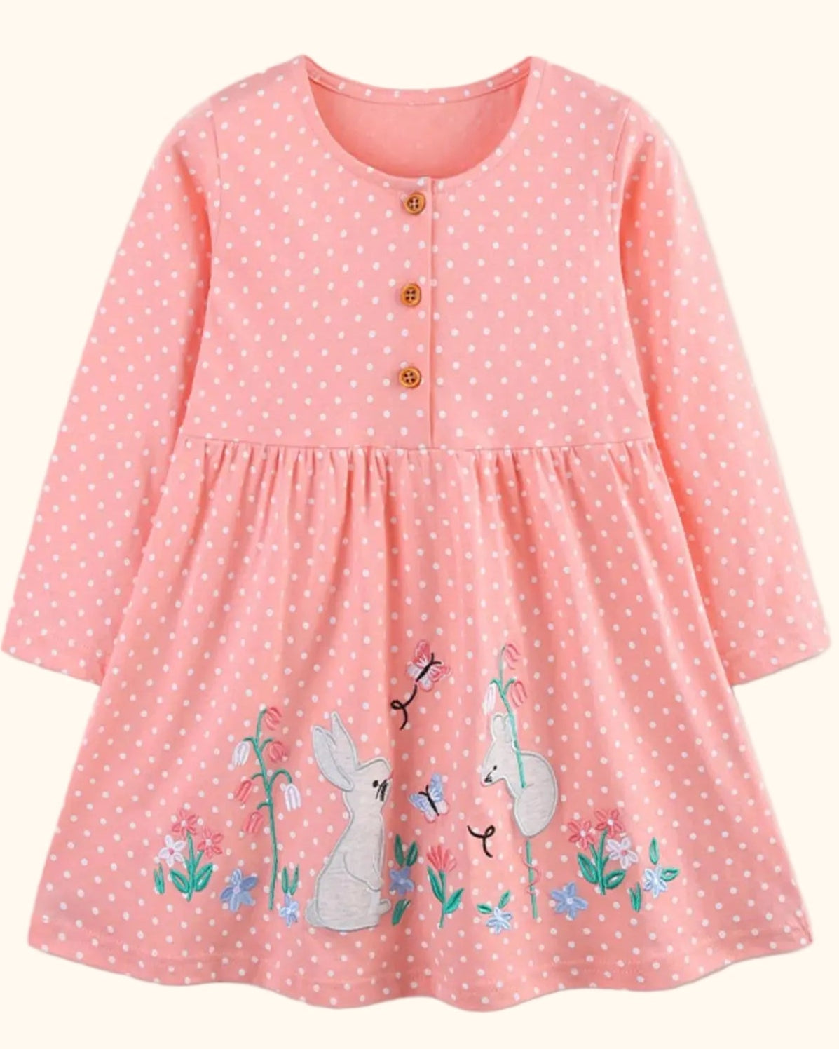 Pale blush kids polka dot bunny embroidered long sleeve dress, front product view