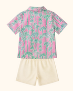 Pink palm tree kids button-down and cream shorts set, back product view