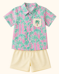 Pink palm tree kids button-down and cream shorts set with embroidered pocket, front product view