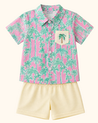 Pink palm tree kids button-down and cream shorts set with embroidered pocket, front product view