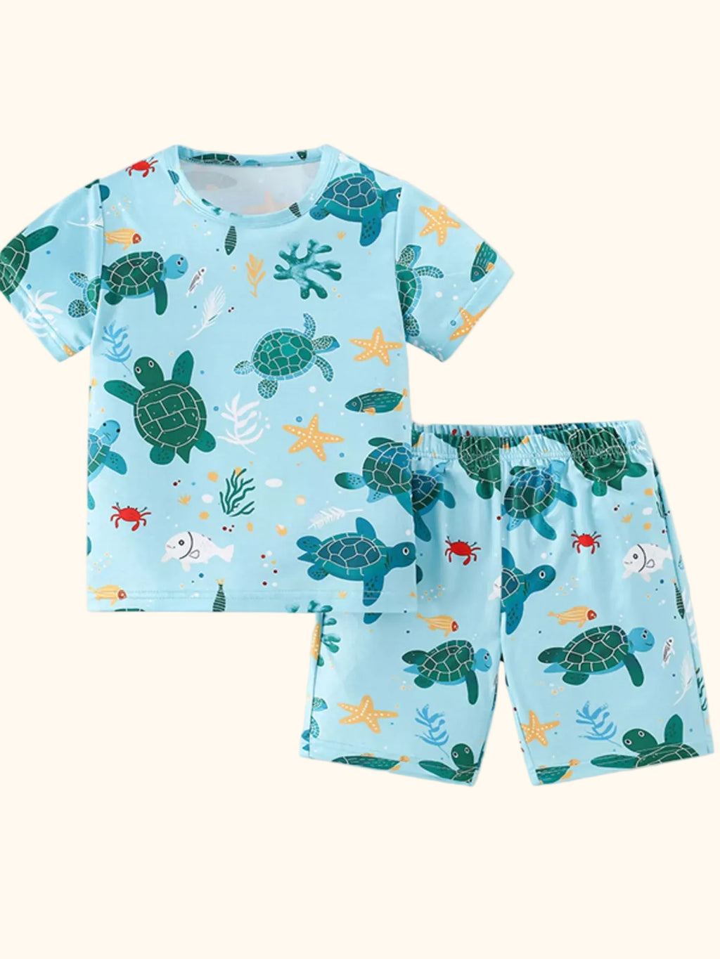 Pastel blue kids sea turtle print T-shirt and shorts set with ocean animals, front product view
