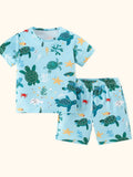 Pastel blue kids sea turtle print T-shirt and shorts set with ocean animals, front product view