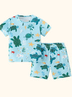 Pastel blue kids sea turtle print T-shirt and shorts set with ocean animals, front product view