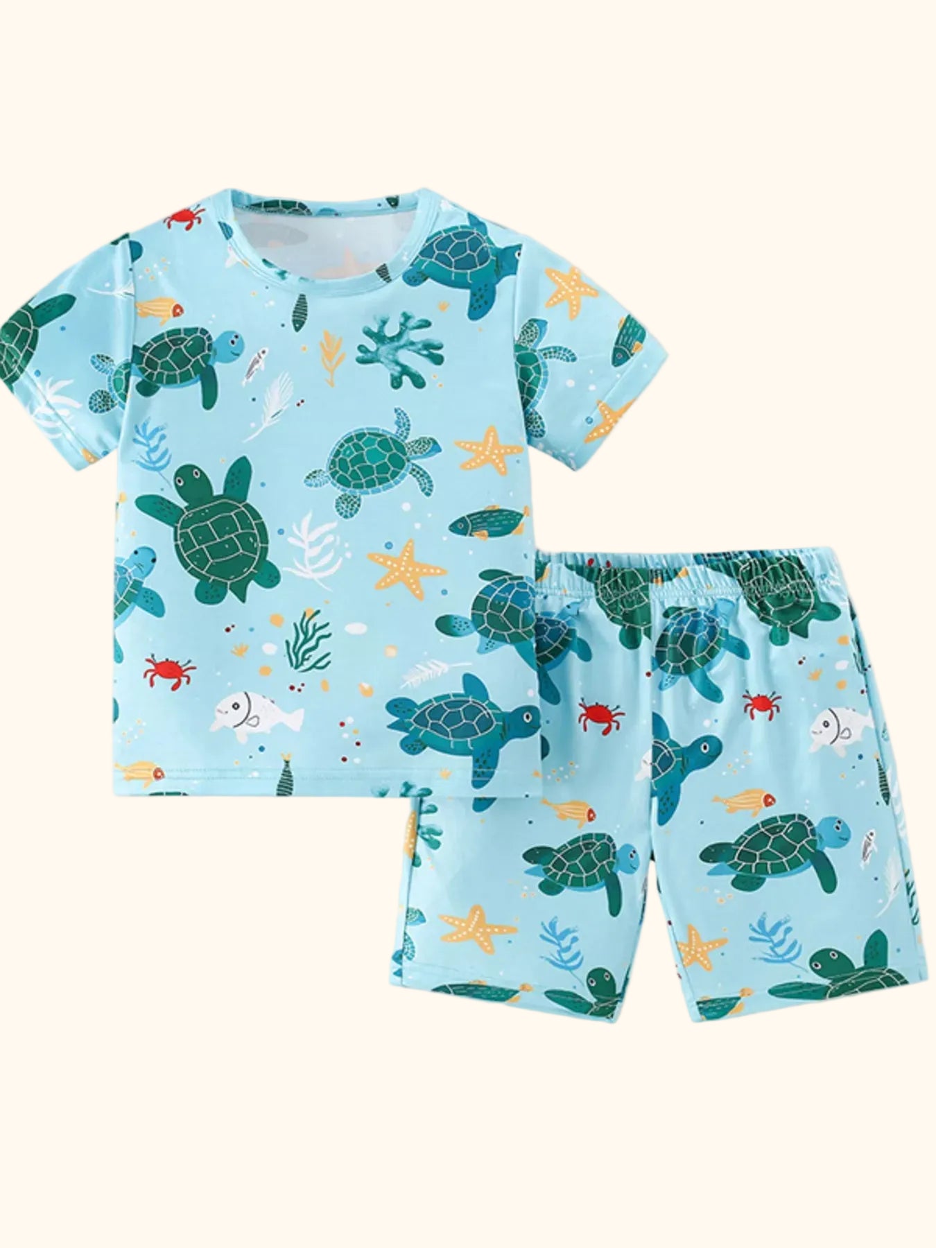 Pastel blue kids sea turtle print T-shirt and shorts set with ocean animals, front product view