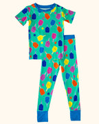 Aqua kids pickleball bamboo pajama set with multicolor paddles and blue trim, separated front flat-lay view