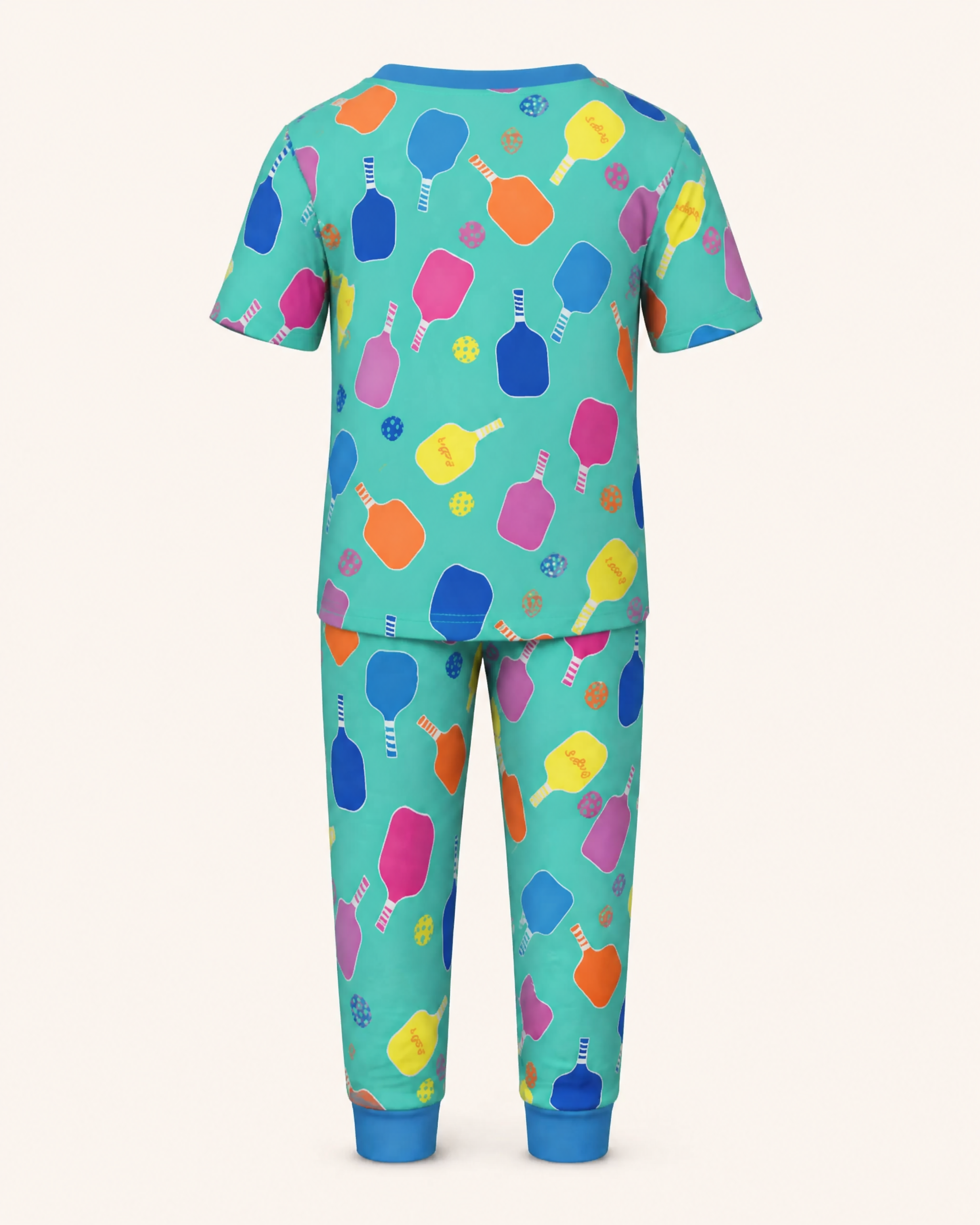 Aqua kids pickleball pajama set with multicolor paddle print and blue trim, back product view