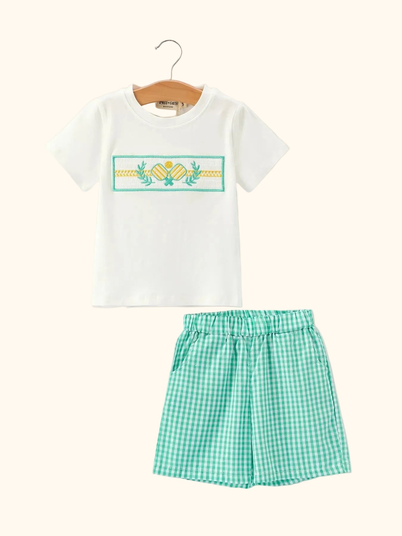 Pickleball Embroidered Smocked Tee & Gingham Shorts Set