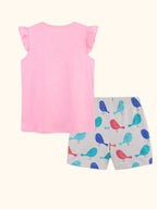 Pink kids ruffle sleeve top and light gray bird print shorts set, back product view