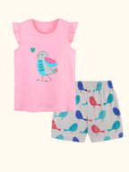 Pink kids bird appliqué ruffle sleeve top and bird print shorts set, front product view