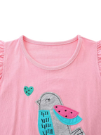 Pink kids ruffle sleeve top with round neckline and bird appliqué, upper front close-up