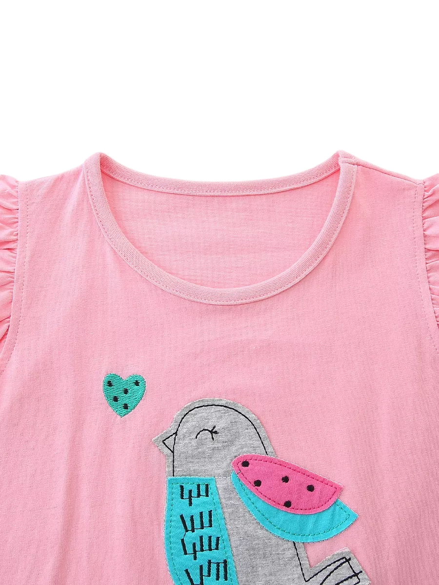 Pink kids ruffle sleeve top with round neckline and bird appliqué, upper front close-up