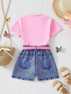 Pink kids butterfly graphic tee and shorts set, alternate front view