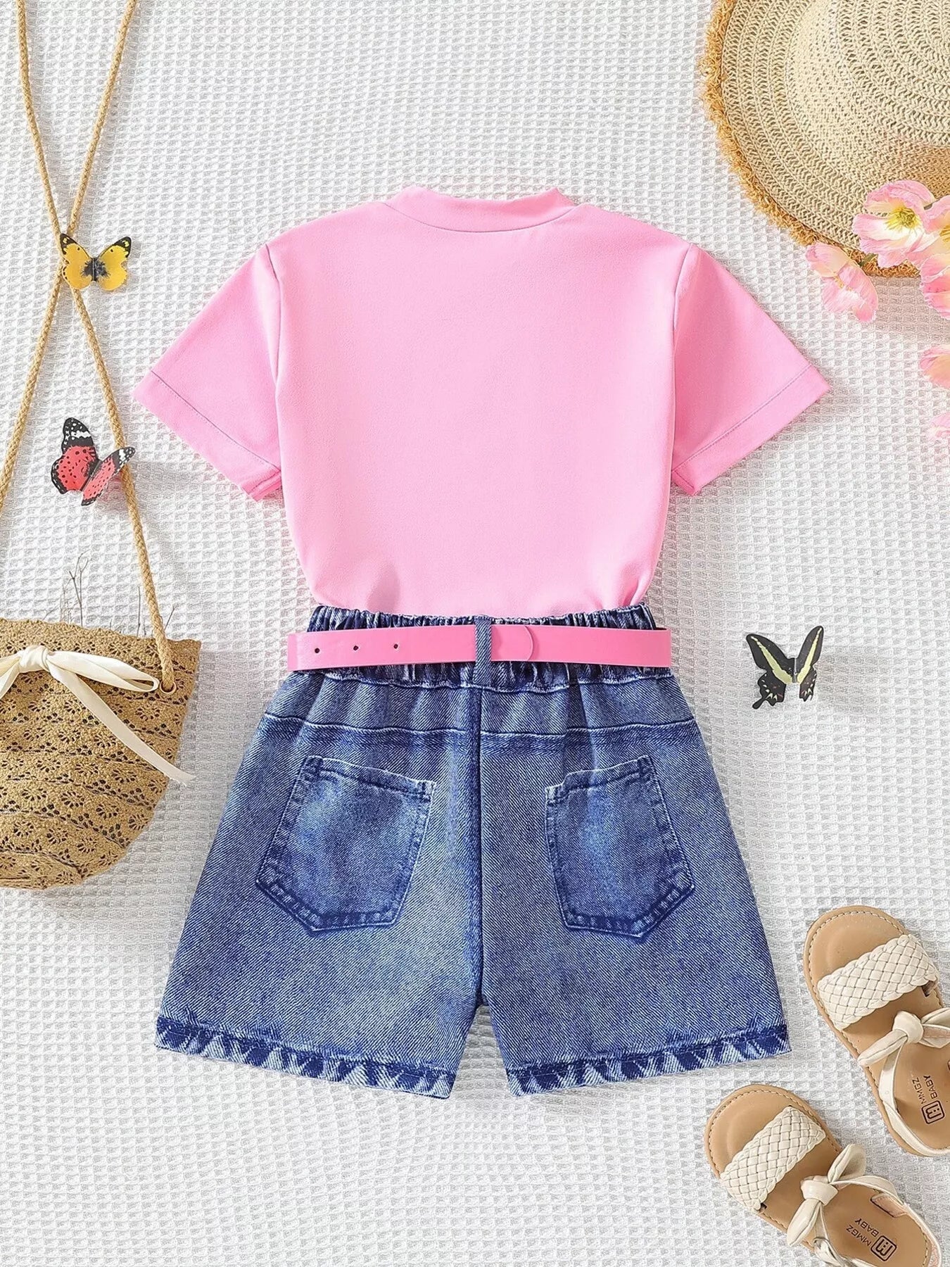 Pink kids butterfly graphic tee and shorts set, alternate front view