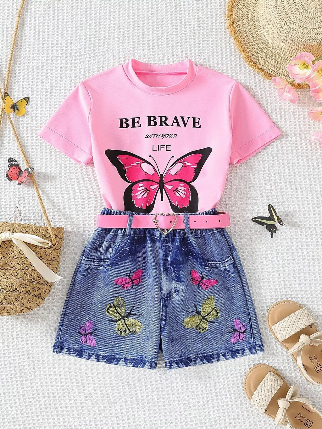 Pink kids butterfly graphic tee and shorts set, front product view