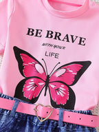 Pink butterfly graphic tee and coordinating shorts, full outfit view