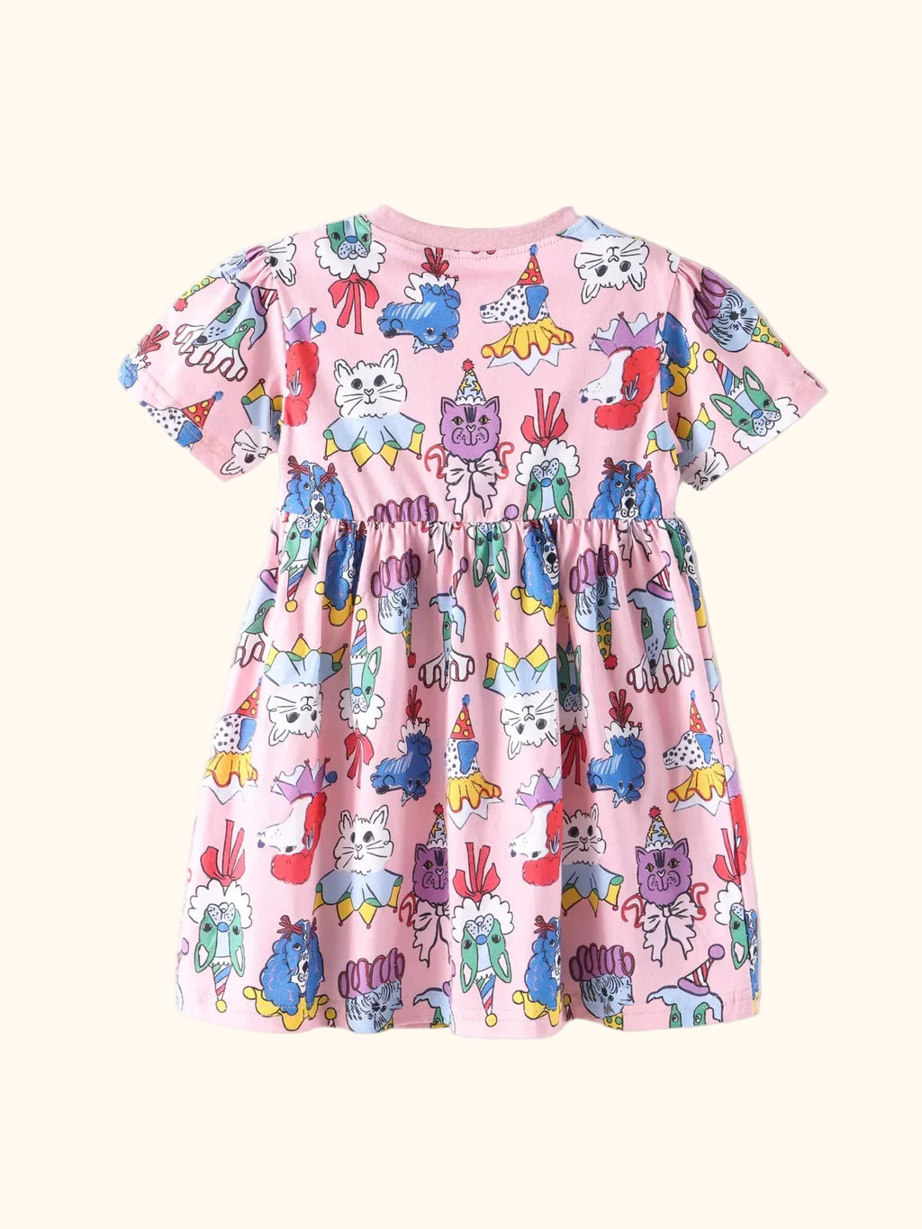 Pink kids cartoon animal print short sleeve dress with relaxed gathered skirt, back view