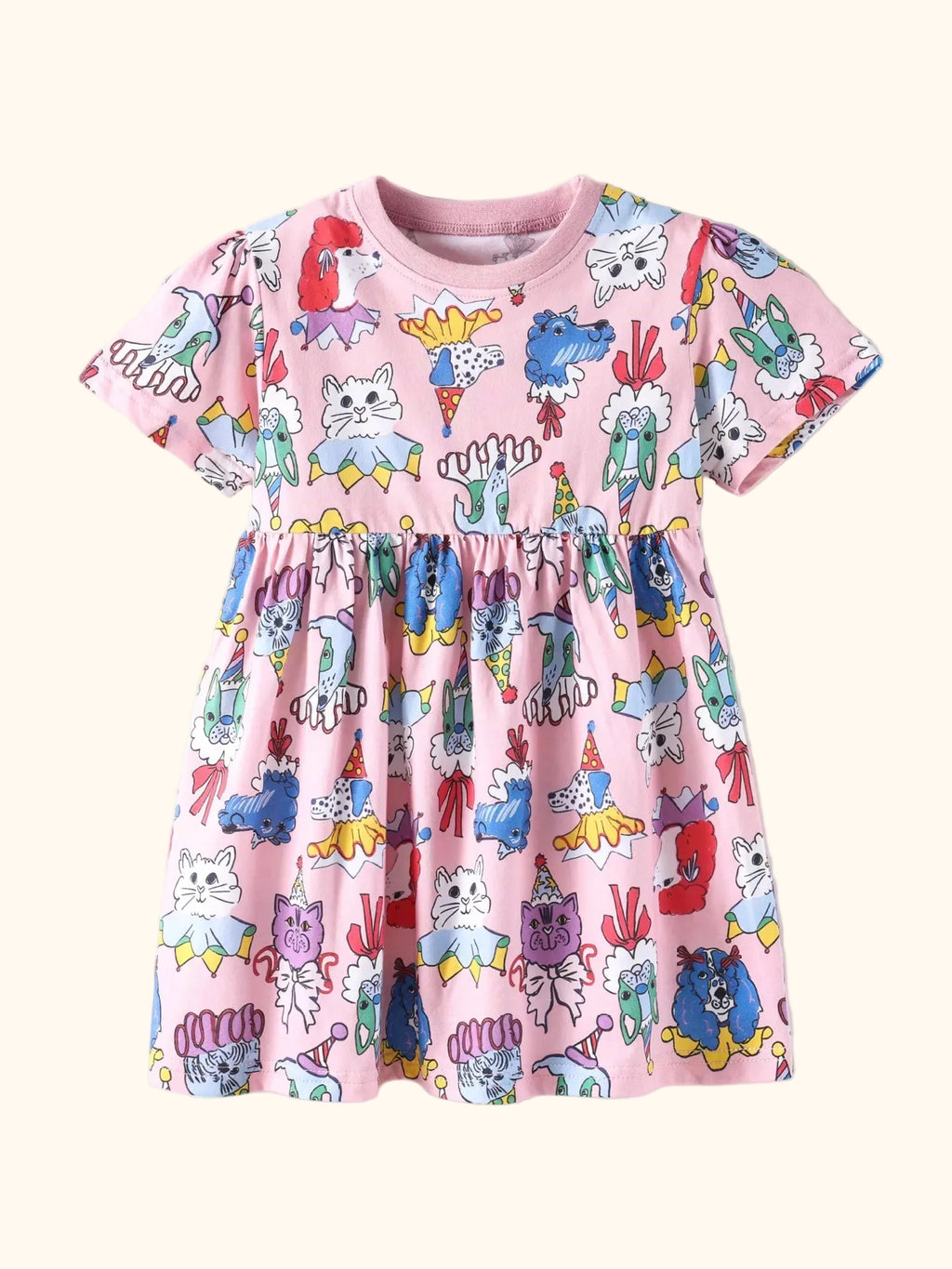 Pink kids cartoon animal print short sleeve dress with gathered skirt, front view